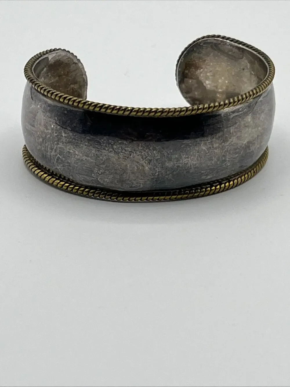 LATON MEXICO 925 Silver Vintage Two Tone Raised Braided Edge Cuff Bracelet